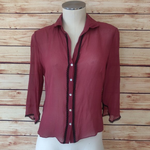 Studio M Tops - Pink Silk Button Down with Black Trim, 3/4 Sleeves